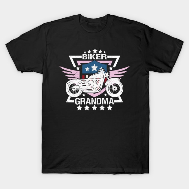 Biker Grandma Pink Wings Motorcycle Flag Shield T-Shirt by EPDROCKS